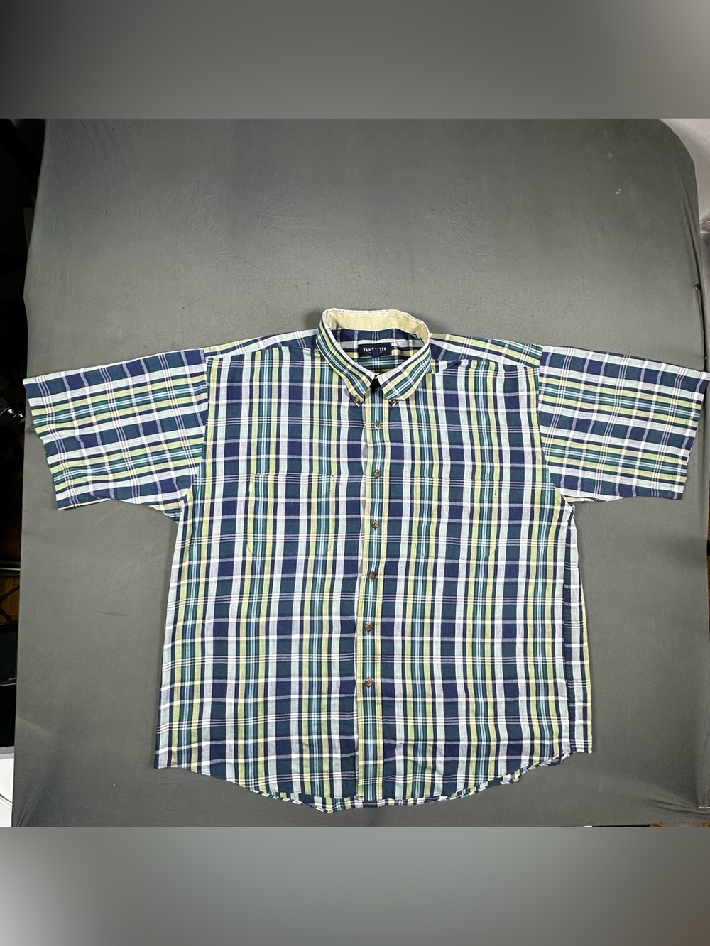 Van Heusen Men's Large Wrinkle Free Plaid Button Down Shirt Blue Green Plaid SS
